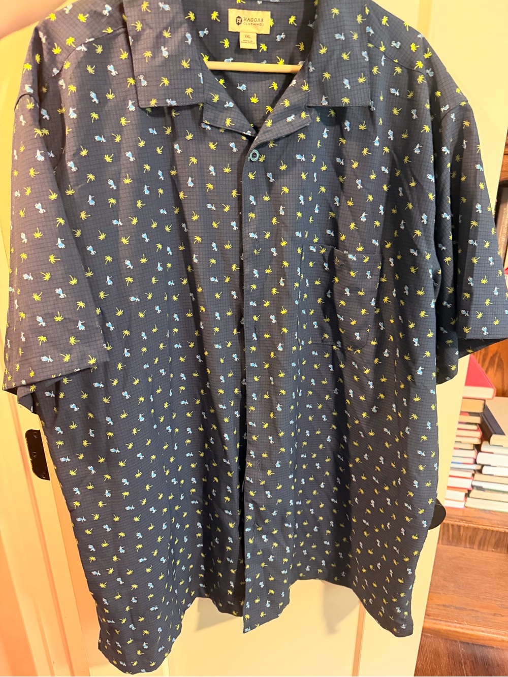 Haggar Navy Short Sleeve Button-Up Shirt with Yellow & Light Blue Print